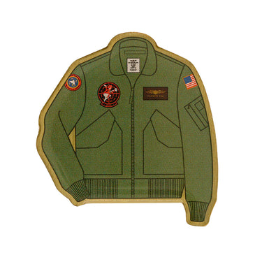 Jacket-shaped collectible pin with olive flight-jacket patches and gold trim
