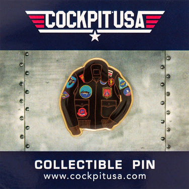 Jacket-shaped collectible pin with multicolor flight-jacket patches, gold edge