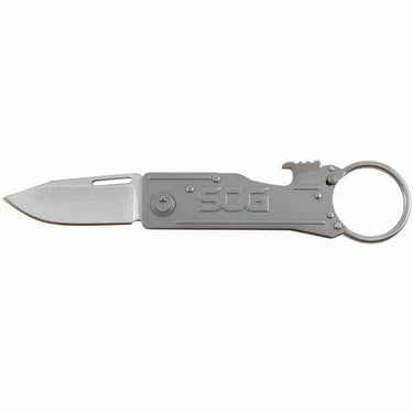 SOG KeyTron folding pocket knife with silver blade and gray handle, key ring
