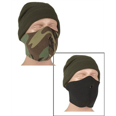 Neoprene face mask in dark woodland camouflage and black, covering nose and mouth