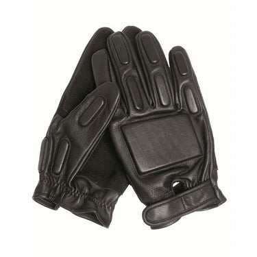 Black combat leather gloves with stitched knuckle pads and wrist cuff