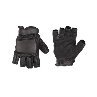 Fingerless leather combat gloves with padded knuckles, adjustable strap, black