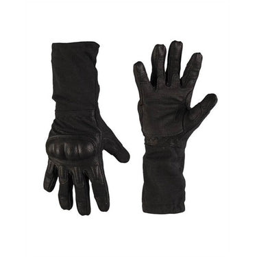 Black action gloves with long cuff and textured knuckle and palm padding