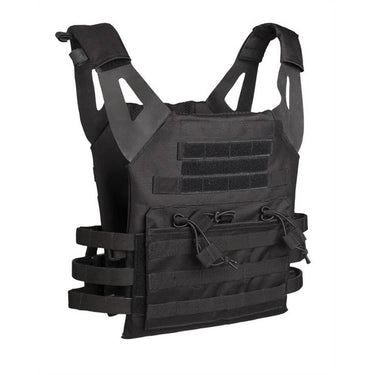 Black MOLLE plate carrier vest with front panel straps and padded shoulder sections.