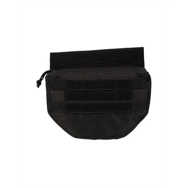 Black drop-down tactical pouch with hook-and-loop front panels and drawstring cord