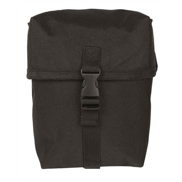 Dark multi-purpose belt pouch top view with centered buckle and stitched flap
