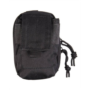 Black padded belt pouch with hook-and-loop flap and drawstring cords