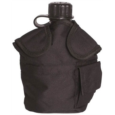 Black MOLLE canteen pouch with carry handle and front strap pockets.