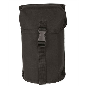 Black MOLLE canteen pouch with front flap and vertical adjustable webbing strap