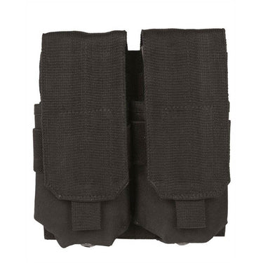 Black double magazine pouch with two elastic pouches and side loops.