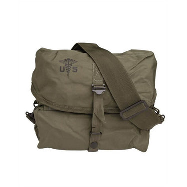 Olive drab medical kit bag with adjustable shoulder strap and front flap
