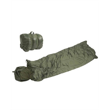 Olive drab sleeping bag with rolled hood and integrated draw cord
