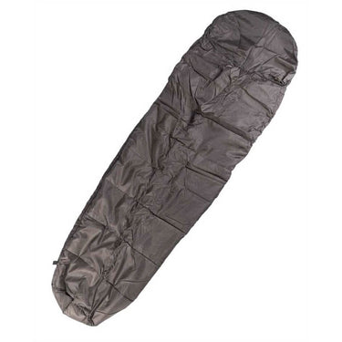 Dark gray mummy-style sleeping bag with hood and drawstring closure