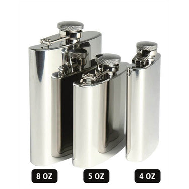 Silver stainless steel flask set with flip-top spouts and screw caps, 8/5/4 oz
