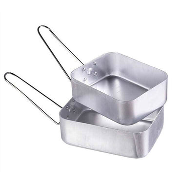 Silver aluminum 2-piece mess kit with two rectangular pots and folding handles