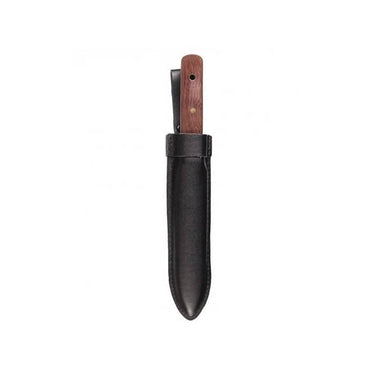 Sailor knife with brown wood handle and black leather sheath, blade partially visible