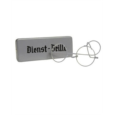 Gray metal goggles case with Dienst-Brille text and wire-frame eyeglasses