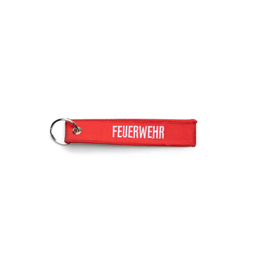 Red embroidered key ring with FEUERWEHR text and metal key ring