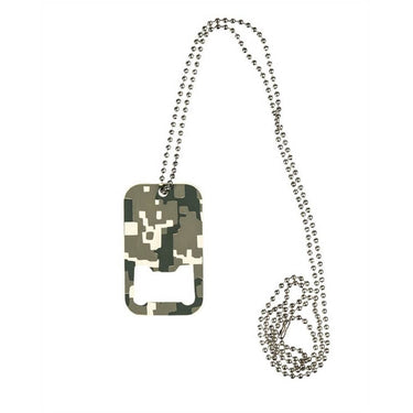 Camo dog tag bottle opener with hanging metal ball chain
