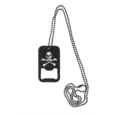Skull dog tag bottle opener with bead chain, black tag and white crossbones skull
