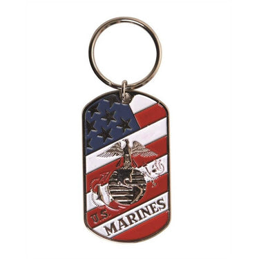 US Marines dog tag keychain with eagle emblem and flag, silver-tone key ring