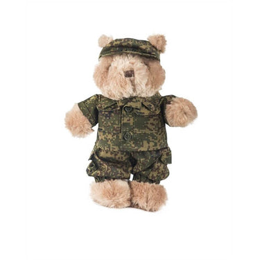 Plush teddy bear in digital woodland camouflage jacket, pants, and ear-flap hat