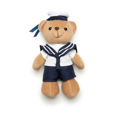 Sturm navy teddy bear plush with sailor cap, striped collar, and navy shorts