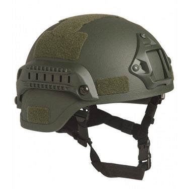 Tactical MICH 2000 helmet with rail mount, olive drab pads and chin strap