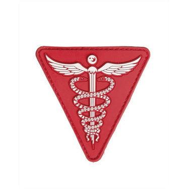 Red 3D PVC medical patch with winged caduceus emblem, triangular shape
