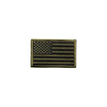 Woven nationality badge in olive tones with stripes and star field on the upper right.