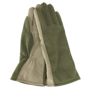 Olive drab flame-retardant pilot gloves with light palm panel