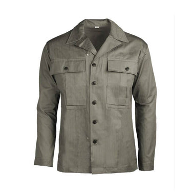 Olive drab WWII-style HBT uniform shirt with button front, two chest pockets, long sleeves
