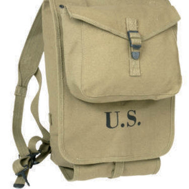 Khaki canvas M28 haversack with flap, buckle strap, and U.S. marking