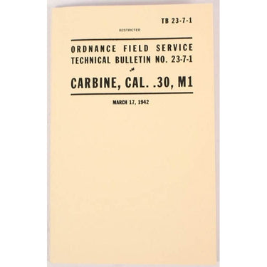 Carbine service manual reprint, tan cover with bold 'CARBINE, CAL. .30, M1' title