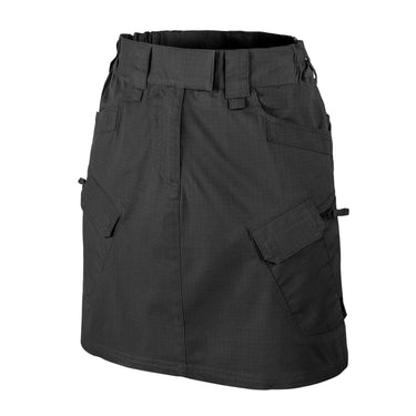 Black ripstop tactical skirt with front panel seams and utility pockets