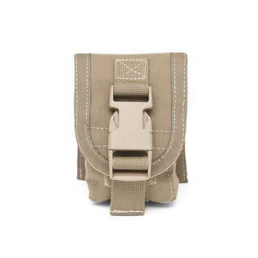 Coyote single grenade pouch with front flap and two-buckle retention strap