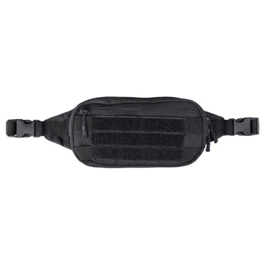Black MOLLE fanny pack with zippered front panel and adjustable waist strap