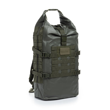 Tactical dry bag backpack in dark gray with front MOLLE webbing and carry handle