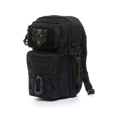 Kids assault backpack, black tactical with front emblem and zip pockets