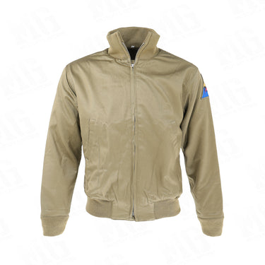 Tan hooded bomber jacket with full front zipper and ribbed cuffs