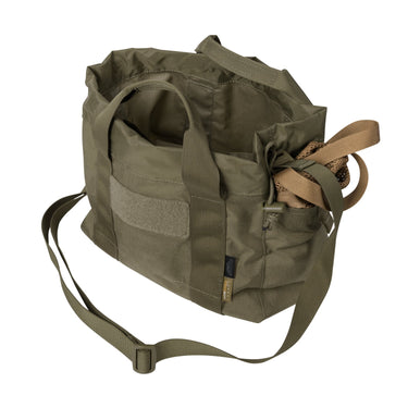 Olive-brown ammo bucket bag with MOLLE front panel, carry handle, and shoulder strap
