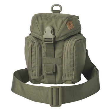 Green tactical kit bag with top handle, flap buckle, and front zip compartments