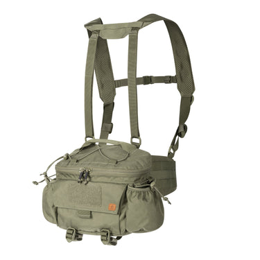 Olive Cordura belt rig with shoulder harness and front zip pouch, adjustable straps