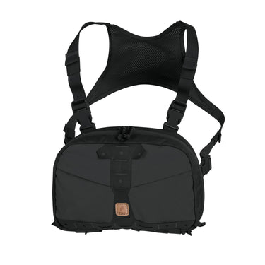 Black chest pack with mesh shoulder harness and front panel pouches