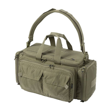 Olive green 41L gear shoulder bag with top handles and front zip pockets