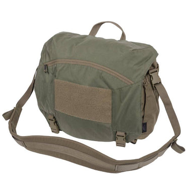 Olive green courier bag with tan front organizer panel, flap, and shoulder strap