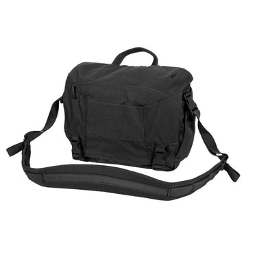 Medium courier bag in black with dark gray front pocket panel and shoulder strap