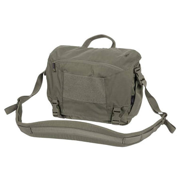 Medium courier bag in olive with gray front flap pocket and shoulder strap
