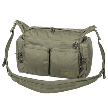 Olive tactical shoulder bag with two zip front pockets and adjustable shoulder strap