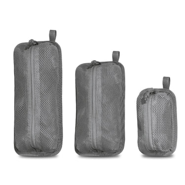 Cinder grey mesh triple pouch set with three zip pouches and loop handles